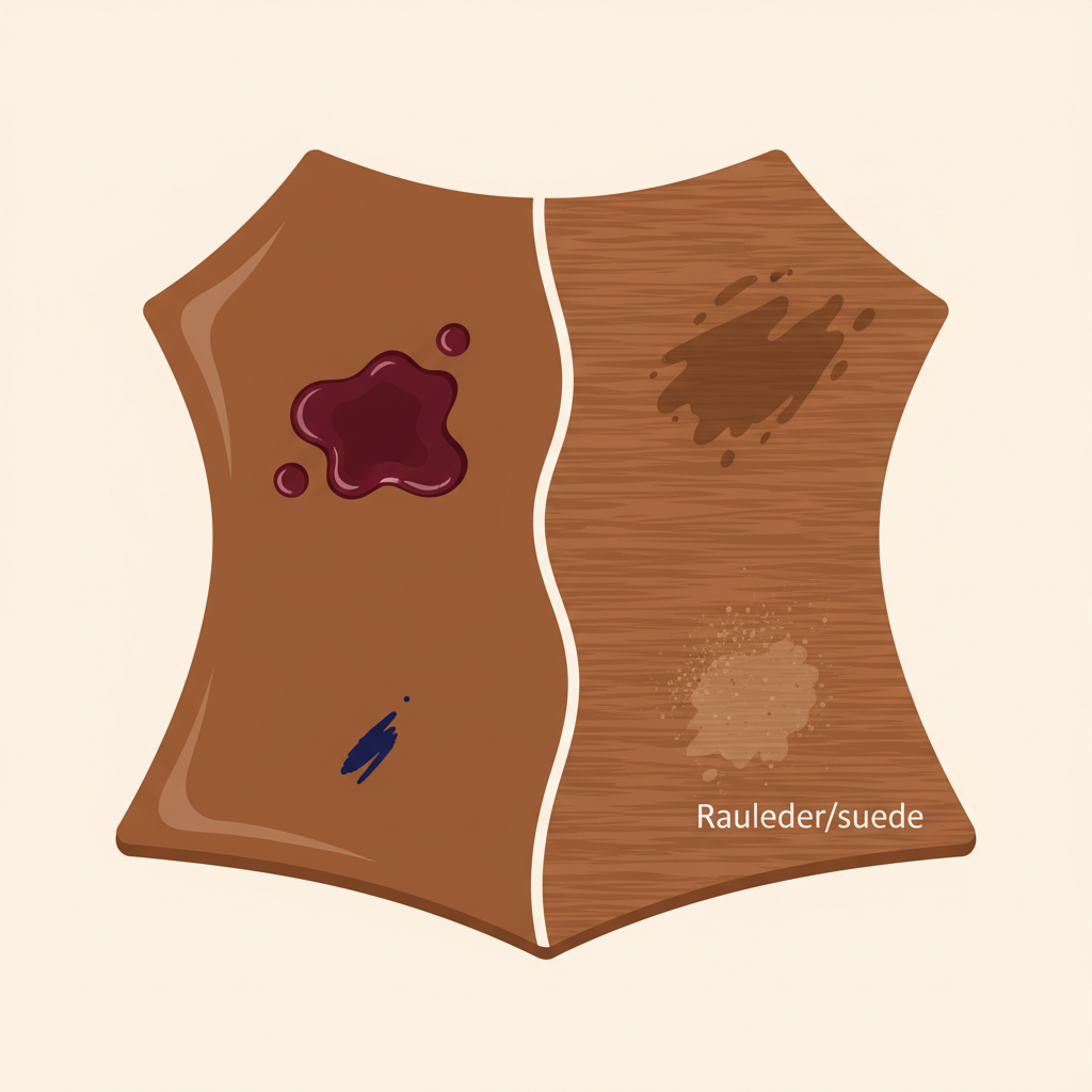 A vibrant flat illustration depicting a piece of brown leather, clearly divided to show both smooth (Glattleder) and textured (Rauleder/suede) sections. On the smooth section, illustrate a distinct red wine spill and a small ink mark from a pen. On the textured section, show a soft, greasy smudge and a faint patch of general dirt. The illustration should highlight the contrast in how stains might appear on different leather types. Use a clean, modern aesthetic with a warm color palette, making the various stain types easily identifiable visually.