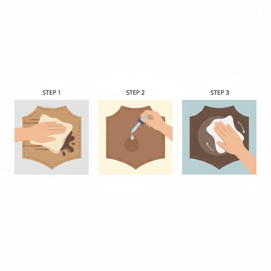 An engaging infographic-style illustration depicting three sequential steps for basic leather stain removal. The first panel shows a hand quickly dabbing a freshly spilled liquid on a piece of leather with a soft cloth. The second panel illustrates a small, inconspicuous patch of leather being tested with a drop of cleaning solution. The third panel depicts a hand gently wiping a stain on leather with a soft, clean cloth, emphasizing a light, circular motion. The overall style should be clean, vector-based, and use a professional, muted color scheme.