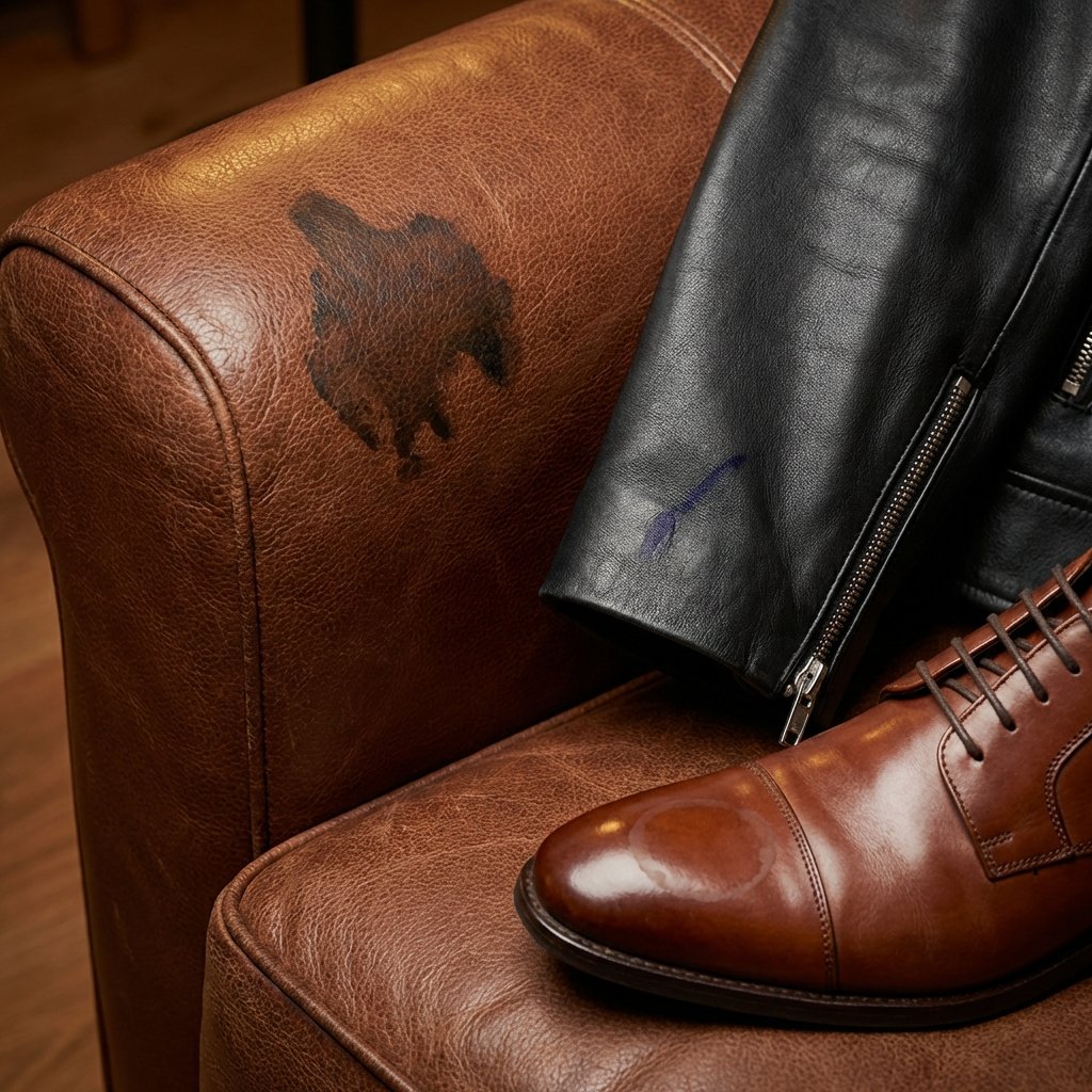 A professional, well-lit photograph capturing a close-up composition of various common stains on different types of leather items. The image should feature a corner of a brown leather sofa with a noticeable grease stain, a segment of a black leather jacket with a small ink mark from a pen, and a polished leather shoe displaying a faint water ring. Each stain should be distinct and visually represent the problem addressed by the article, highlighting the texture and quality of the leather underneath. The overall mood should be realistic and slightly problematic, yet hopeful.