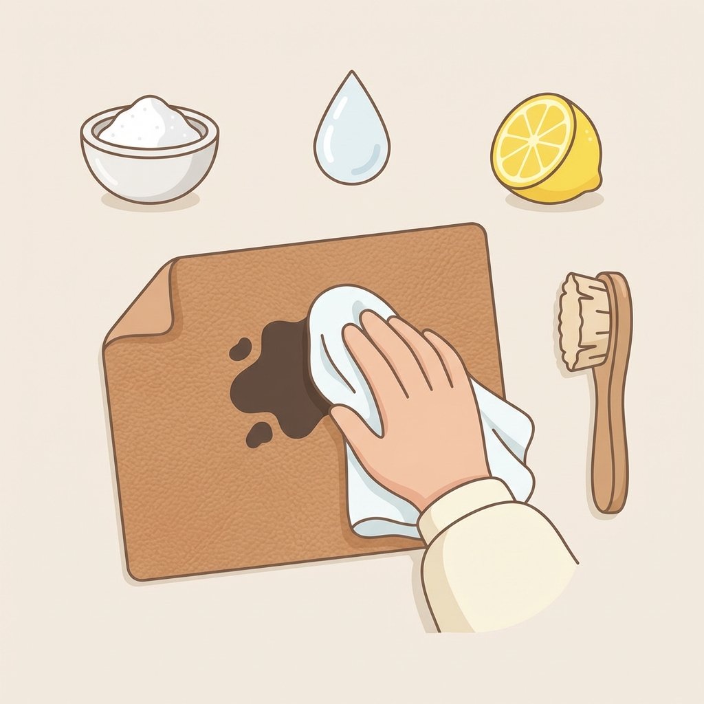 A clean, minimalist flat illustration depicting the concept of removing stains with home remedies. The central focus is a piece of light brown leather with a generic dark stain, being gently dabbed by a hand holding a soft, white cloth. Surrounding the leather, in a neat arrangement, are abstract representations of common household cleaning items: a small bowl with white powder (like baking soda), a clear liquid drop, a half lemon, and a soft brush. The style should be friendly and approachable, emphasizing the simplicity and natural aspect of the solutions, without showing any specific brands or product labels.