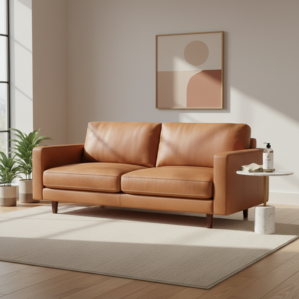 A professional product photography shot of a pristine, elegant leather sofa in a modern, sunlit living room. The sofa, perhaps in a warm caramel brown or sophisticated grey, looks impeccably clean, its surface supple and well-maintained, subtly reflecting light. On a small, stylish side table next to it, a neatly folded, soft microfiber cloth and a generic, unbranded bottle of leather care product are placed, hinting at easy, effective maintenance. The overall atmosphere conveys comfort, quality, and the satisfaction of a perfectly cared-for furniture piece.