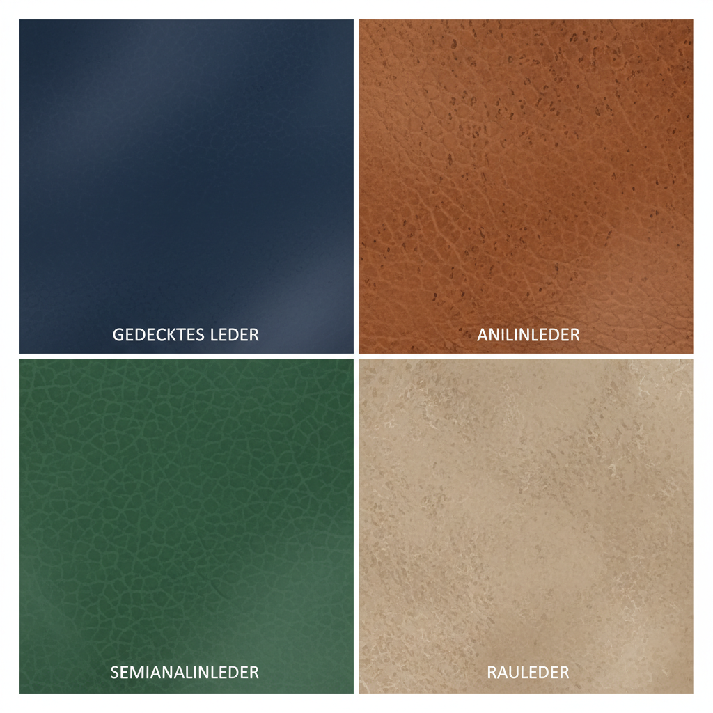 A detailed, infographic-style illustration presenting four distinct panels, each showcasing a different type of leather texture. Panel 1 (Gedecktes Leder) shows a smooth, slightly protected surface; Panel 2 (Anilinleder) displays a more natural, visibly porous grain; Panel 3 (Semianilinleder) exhibits a texture with subtle protection yet visible natural character; and Panel 4 (Rauleder) features a clearly napped, soft, and fuzzy surface. Each panel uses a slightly different, complementary color palette to differentiate them, visually representing their unique characteristics without any labels or text.