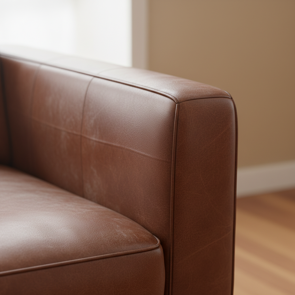 A professional photo showcasing a high-quality leather item, such as a luxurious handbag or a section of an elegant leather sofa. The image should visually contrast two states of the leather: one side appearing dull, slightly dusty, and with subtle smudges, representing its uncleaned condition. The adjacent part, however, should be strikingly clean, vibrant, and restored to its original sheen, symbolizing the successful cleaning process. The transition should be distinct yet harmonious. The background should be minimalist and unfocused, ensuring the leather is the absolute focal point. Use soft, bright lighting to emphasize texture and cleanliness.