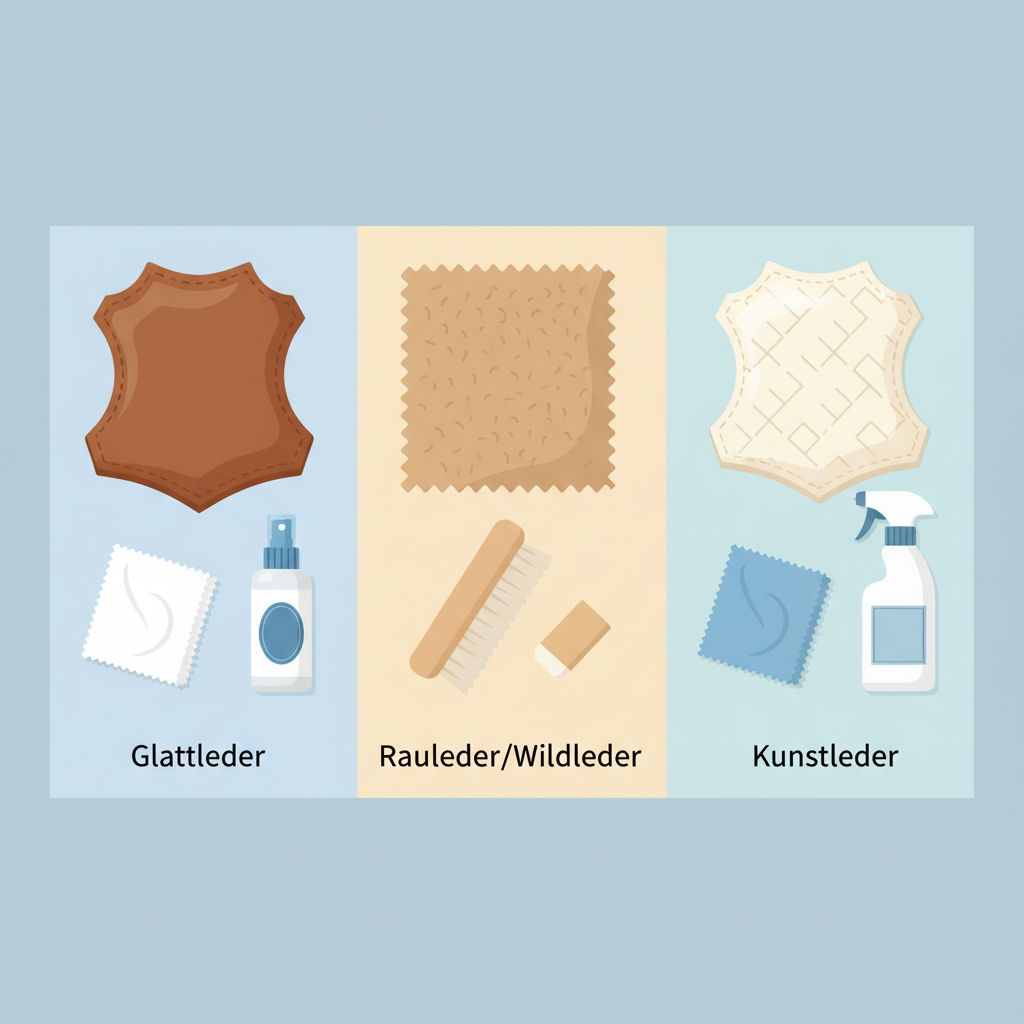 A clean, modern flat illustration in an infographic style, depicting various leather types alongside their appropriate cleaning tools. The illustration should feature three distinct sections of leather: one smooth and polished (Glattleder), one with a soft, napped texture (Rauleder/Wildleder), and one with a subtle synthetic pattern (Kunstleder). Arranged around each leather type, illustrate specific cleaning implements: for Glattleder, a soft cloth and a bottle of mild cleaner; for Rauleder, a suede brush and a small eraser; for Kunstleder, a different soft cloth and a general mild cleaning spray. The color palette should be bright and inviting.