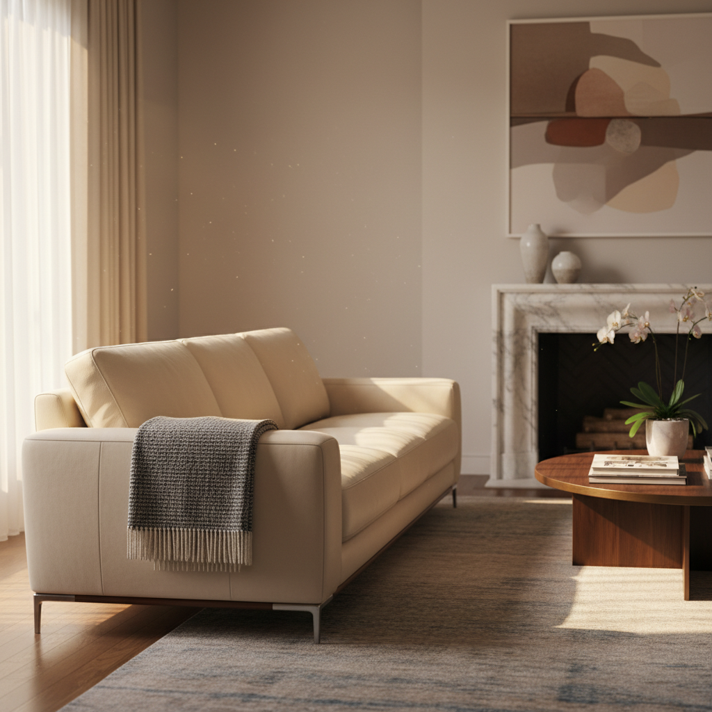 A luxurious living room setting featuring a pristine, elegant leather couch. Sunlight gently streams into the room, highlighting the couch's smooth, supple texture and inviting appearance. A subtle, almost imperceptible gleam suggests cleanliness and careful maintenance. A soft, plush throw blanket is draped artfully over one armrest, adding to the comfort. The overall atmosphere conveys a sense of calm and well-being in a well-kept home. Style: Professional, high-quality photograph with a warm, inviting tone.