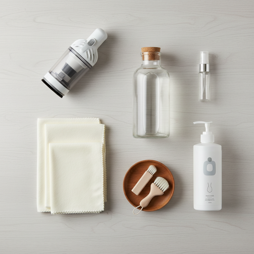 An overhead shot of a clean, light-colored surface (like a wooden table) neatly arranged with the essential tools for leather couch cleaning. Visible items include a small, handheld vacuum cleaner with a soft brush attachment, a stack of folded, lint-free microfiber cloths, a clear glass bottle filled with distilled water, and a simple, generic container representing a specialized leather cleaner. Everything is organized, conveying preparedness and efficiency. Style: Bright, clean flat lay photography or a realistic vector illustration.