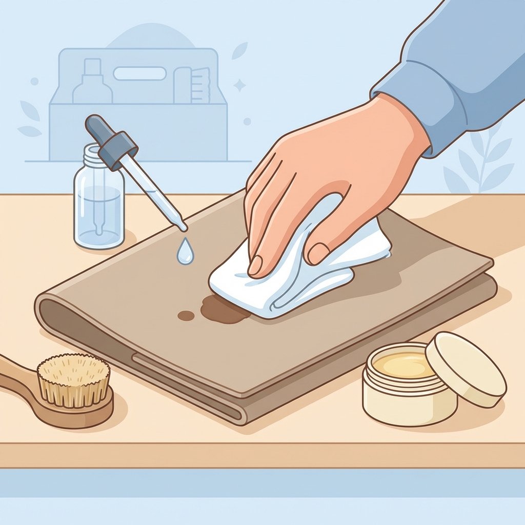 A clean, professional flat illustration depicting a gentle spot-cleaning process on a piece of light brown Lederhosen leather. A stylized hand, showing careful movement, is gently dabbing a small, localized stain on the leather surface with a soft, white cloth. Nearby, a few essential, generic cleaning aids are arranged neatly: a small, soft-bristled brush, a bottle with a dropper dispensing a single drop of clear liquid, and a small, generic container of a cleaning balm. The overall scene should convey meticulousness, precision, and effective stain removal without harshness, using a bright, approachable color palette.