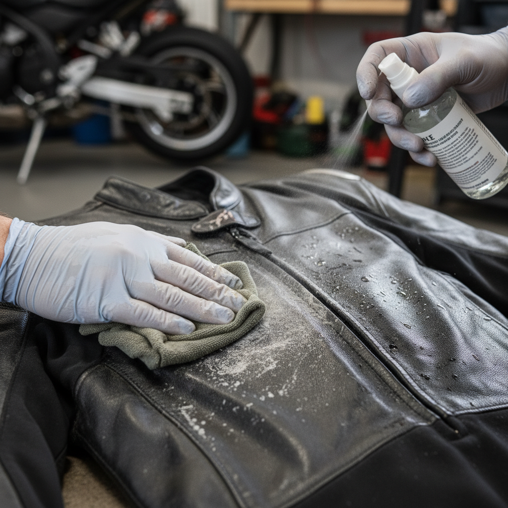 A professional, well-lit photo showing a close-up of a person's hands meticulously cleaning a section of a dark leather motorcycle suit. One hand holds a soft sponge or microfiber cloth, gently wiping away visible grime and dust from the leather surface. The other hand might be holding a small bottle of a leather cleaning solution, or the solution is already applied to a small area of the suit, creating a slight lather or shine. The focus is on the texture of the leather and the cleaning action, emphasizing careful maintenance. The background is softly blurred, keeping the attention on the cleaning process.