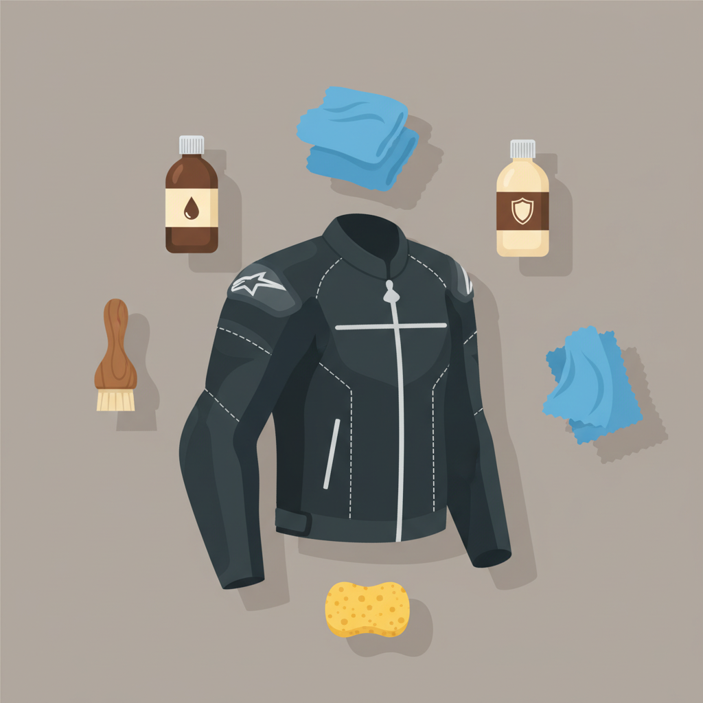 A vibrant, flat illustration depicting the essential tools and products for leather motorcycle suit maintenance, arranged in a clean, organized manner. In the center, a stylized, clean leather suit (e.g., a jacket or a leg section) is subtly featured. Around it, various cleaning implements are neatly placed: a bottle of leather cleaner, a bottle of leather conditioner, several soft microfiber cloths, a specialized leather brush, and a soft sponge. The aesthetic is clean, informative, and visually appealing, highlighting the 'preparation' aspect of the article without any text or branding.