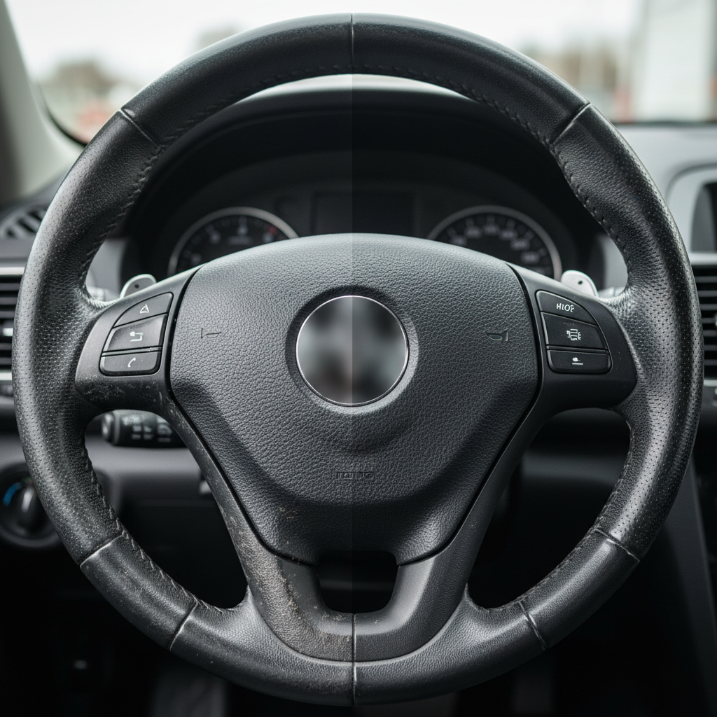 A realistic, high-resolution close-up photo of a car's leather steering wheel. The image is visually divided into two sections. The left section portrays the steering wheel's surface as visibly dirty, grimy, and dull, with subtle indications of accumulated grease and hand oils. The right section showcases the same steering wheel area after a thorough cleaning, appearing pristine, supple, and with a rich, refreshed matte finish. The contrast between the neglected and well-maintained leather should be striking, highlighting the transformation. Professional product photography style, emphasizing intricate leather texture and material quality.
