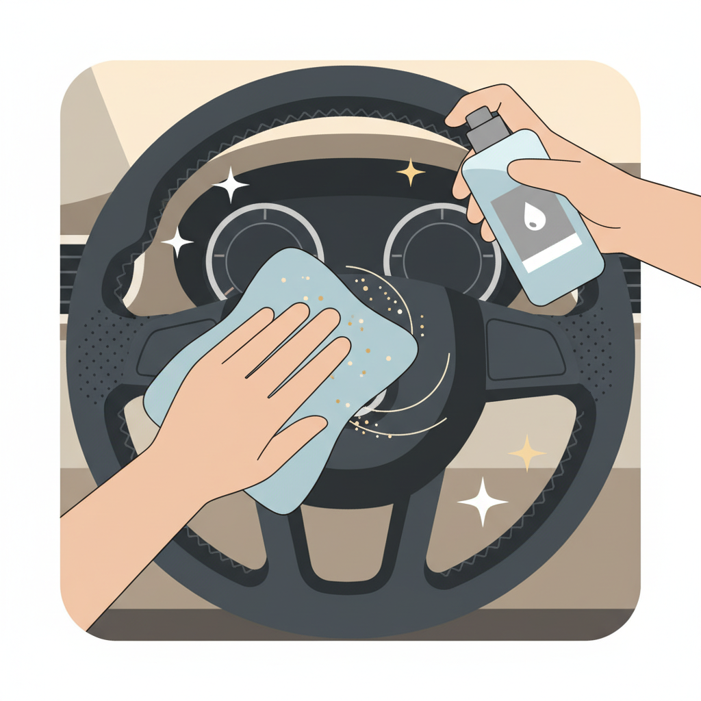 A modern, clean flat illustration depicting a pair of hands in the act of gently cleaning a segment of a car's leather steering wheel. One hand holds a soft, light-colored microfiber cloth, delicately wiping across the textured leather surface. The other hand might be poised nearby, perhaps with a stylized, unbranded bottle of leather cleaner or conditioner. Subtle graphic elements like tiny, ephemeral 'sparkles' or 'lifted dirt' particles could visually convey the cleaning action. The background features a soft, blurred hint of a car interior. The overall aesthetic is one of careful maintenance and hygiene, using a calm, professional color palette.