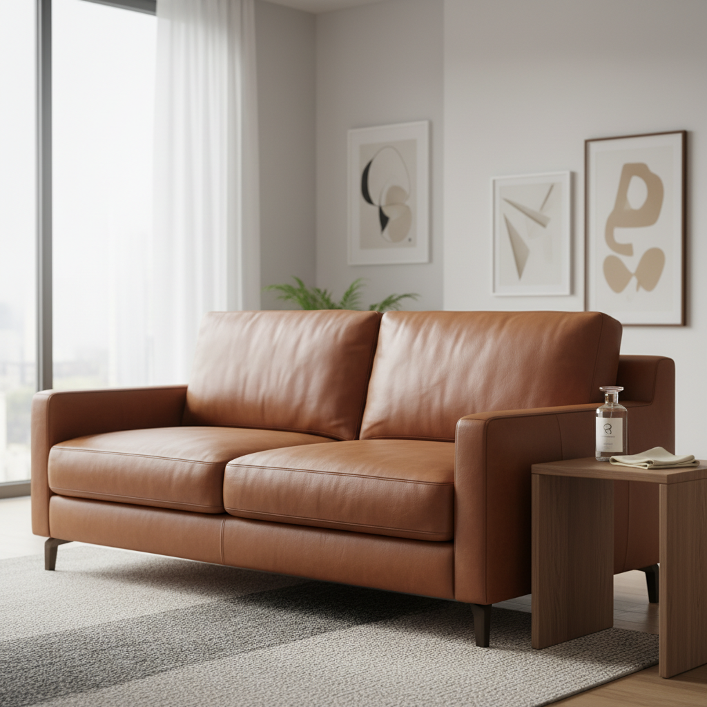 A professional, warm, and inviting photo of a beautifully maintained, rich brown leather couch as the centerpiece of a stylish, modern living room. Soft, natural light streams in from a large window, gently illuminating the couch's smooth, supple texture and inviting appearance. The surface of the leather should appear exceptionally clean and lustrous, subtly reflecting the light. On a chic wooden side table next to the couch, a small, elegant bottle of leather conditioner and a soft microfiber cloth are neatly arranged, hinting at meticulous care. The overall atmosphere conveys comfort, luxury, and a sense of enduring quality.