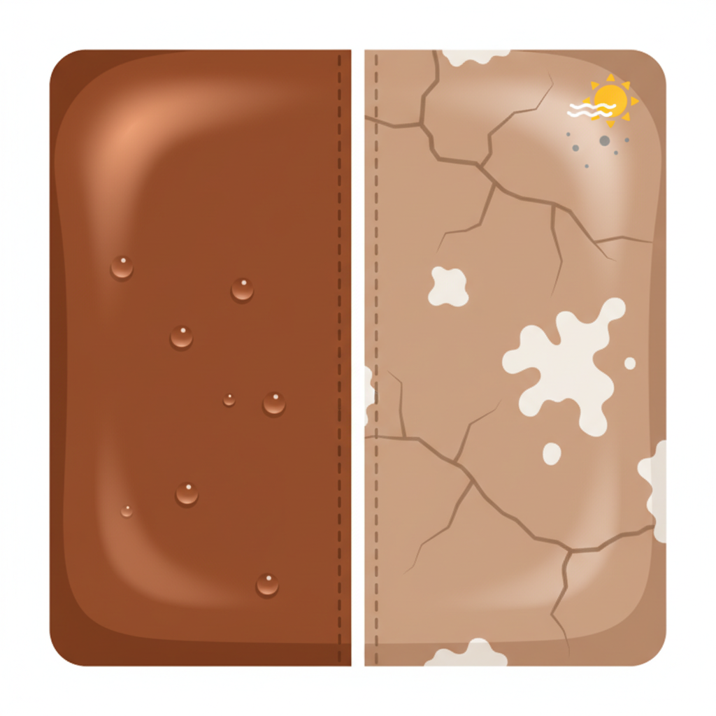 A clean, infographic-style flat illustration depicting a conceptual comparison of cared-for versus neglected leather. The image is divided into two distinct vertical sections. The left section shows a close-up of a vibrant, supple, and smooth leather surface, possibly with a subtle, protective sheen or tiny water droplets symbolizing moisture. The right section displays the same type of leather, but with visible signs of neglect: small cracks, dry patches, faded color, and perhaps a subtle representation of dust or a small sun symbol indicating UV damage. The contrast should be stark, visually emphasizing the benefits of consistent leather care.