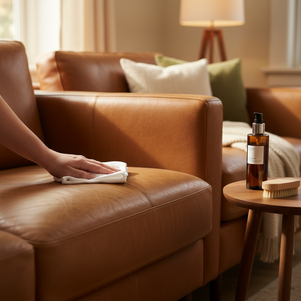 A professional, warm-toned photo with a shallow depth of field. The scene depicts a luxurious leather sofa in a comfortable living room. One half of the sofa cushion is visibly dull, with subtle smudges and signs of wear, representing 'before' cleaning. The other half gleams, appearing supple, clean, and vibrant, representing 'after' cleaning. A hand gently wipes the 'before' section with a soft white cloth, while a small, elegant bottle of leather cleaner rests on a nearby surface. Emphasize the clear contrast between the clean and dirty sections.