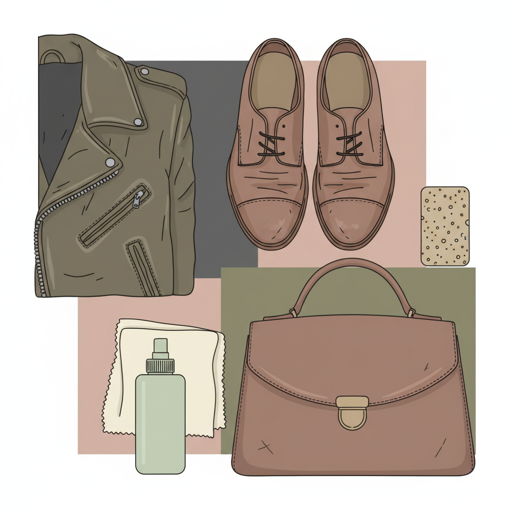 A flat illustration with clean lines and a soft, muted color palette, viewed from an overhead perspective. The composition features a collage of various leather items: a section of a classic leather jacket, a pair of stylish leather shoes, and a detailed close-up of a leather handbag. These items show slight signs of typical use (e.g., minor scuffs or dullness). Neatly arranged among them are essential cleaning tools: a sleek bottle of leather cleaner, a soft cleaning cloth, and a small sponge. The overall image should convey versatility and care for different leather goods.
