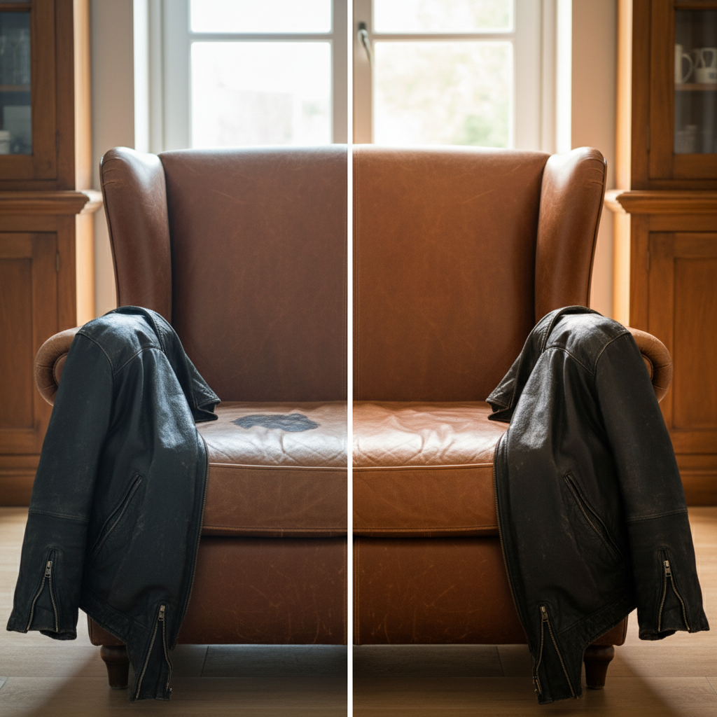 A vibrant, split-screen professional photo illustrating the transformative power of leather cleaning. On one side, a section of a classic leather armchair appears dull, slightly dusty, and with a faint, smudged stain, indicating neglect. On the other side, the exact same armchair section gleams with renewed luster, clean and supple, reflecting light beautifully and showing its original rich color. A stylish leather jacket draped nearby also shows a similar 'before and after' contrast, emphasizing the positive effect of proper care across different leather items. The lighting is bright and inviting, highlighting the restored texture and quality of the well-maintained leather.