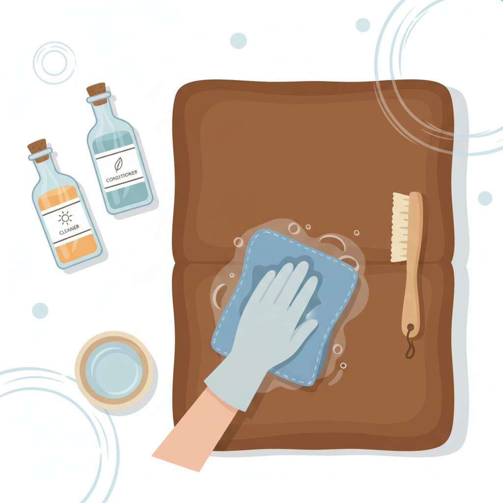A top-down, detailed flat illustration depicting the essential tools and careful process for cleaning leather. The scene shows gentle hands, wearing light protective gloves, carefully dabbing a soft microfiber cloth onto a prominent section of a luxurious leather handbag or sofa cushion. Nearby, small, aesthetically pleasing bottles of specialized leather cleaner and conditioner are neatly arranged, along with a small bowl of clean water and a soft-bristled brush suitable for delicate surfaces. The overall composition is clean and organized, emphasizing a methodical, gentle, and effective approach to leather maintenance.