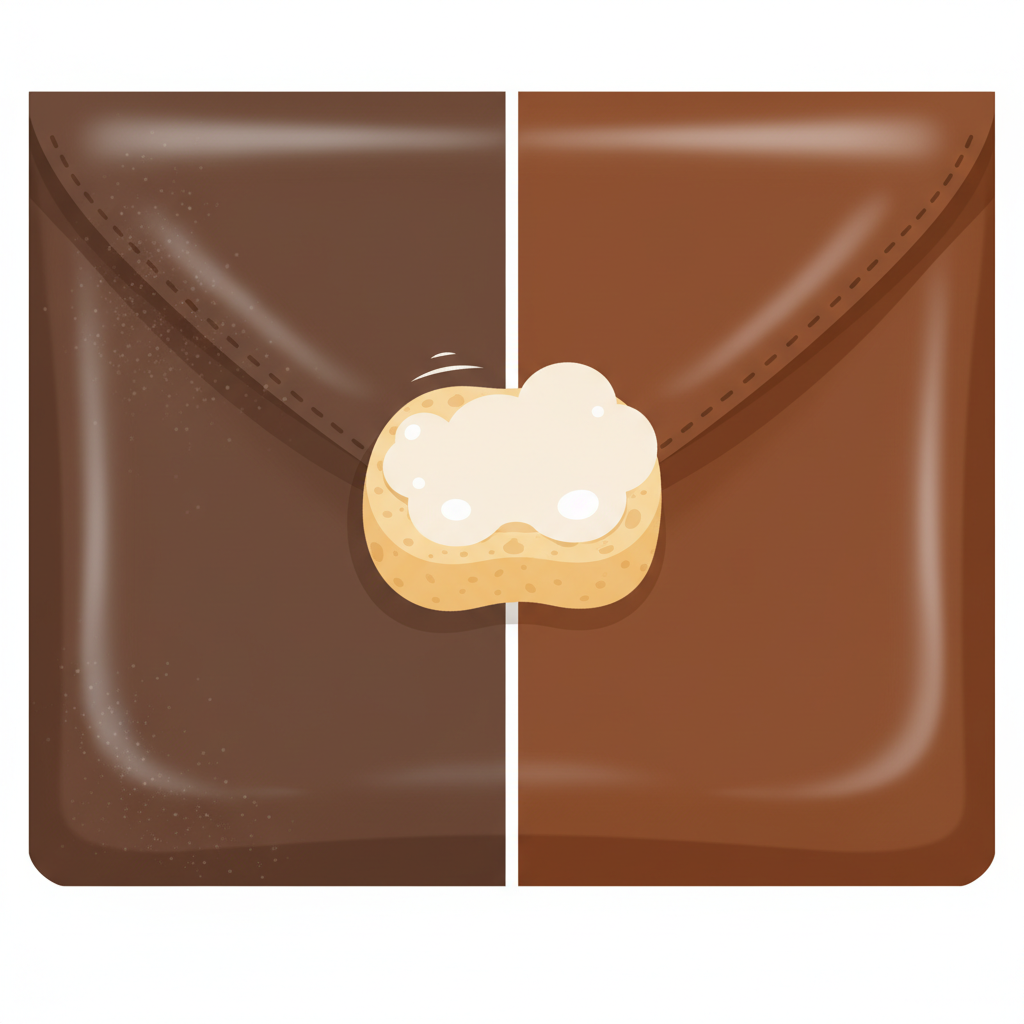 A visually appealing flat illustration depicting the before and after effect of leather soap. On the left, a section of a deep brown leather surface (e.g., a corner of a handbag or shoe) appears dull, slightly dusty, and with subtle grime lines. On the right, the same section of leather is vibrant, clean, and appears supple, with a gentle sheen, hinting at restoration. In the center, a small, generic applicator sponge with a subtle, foamy lather suggests the cleaning process connecting the two states. Use warm, natural colors and soft, clean lines.