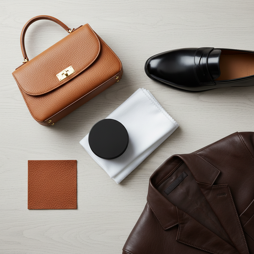 A professional overhead photo composition showcasing a variety of high-quality leather items neatly arranged on a clean, light-colored wooden surface. The items include a elegant tan leather handbag, a classic black leather loafer, a detail of a dark brown leather jacket lapel, and a small swatch representing leather furniture. Centrally placed amongst these items is a sleek, minimalist container suggesting leather soap or care product, along with a soft, pristine white cloth. The lighting is soft and even, highlighting the texture and richness of the leather.