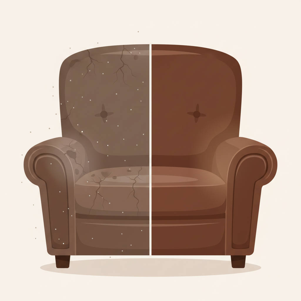 A vibrant, clean flat illustration in a split-screen or side-by-side comparison format. On one side, a segment of a dull, dry, slightly cracked leather armchair, symbolizing neglect and lack of moisture. On the other side, an identical segment of the armchair, now appearing supple, shiny, and richly colored, representing the positive result of proper cleaning and care. Subtle visual cues like dust motes on the neglected side and a gentle glow on the well-maintained side can enhance the contrast, clearly communicating the aesthetic benefits.