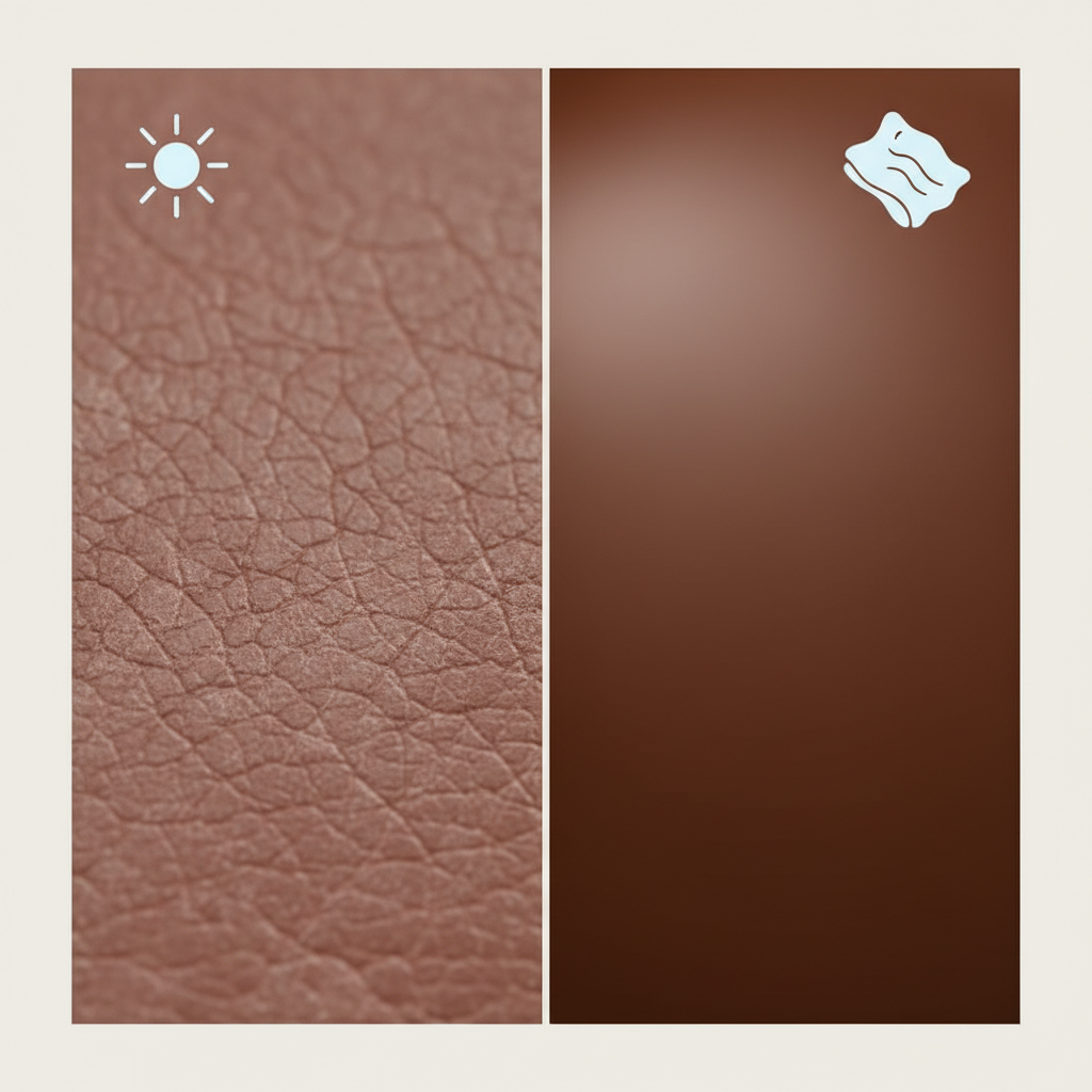 A clean, modern infographic-style illustration with two distinct, side-by-side sections. The left section depicts a close-up of dry, slightly faded, and subtly cracked leather, hinting at neglect and damage from elements. The right section shows the same leather material, but it is now vibrant, smooth, supple, and has a healthy, soft sheen, indicating proper care. A minimalist sun icon hovers near the dry leather, while a small, stylized polishing cloth icon is near the well-maintained leather, conveying the transformation.