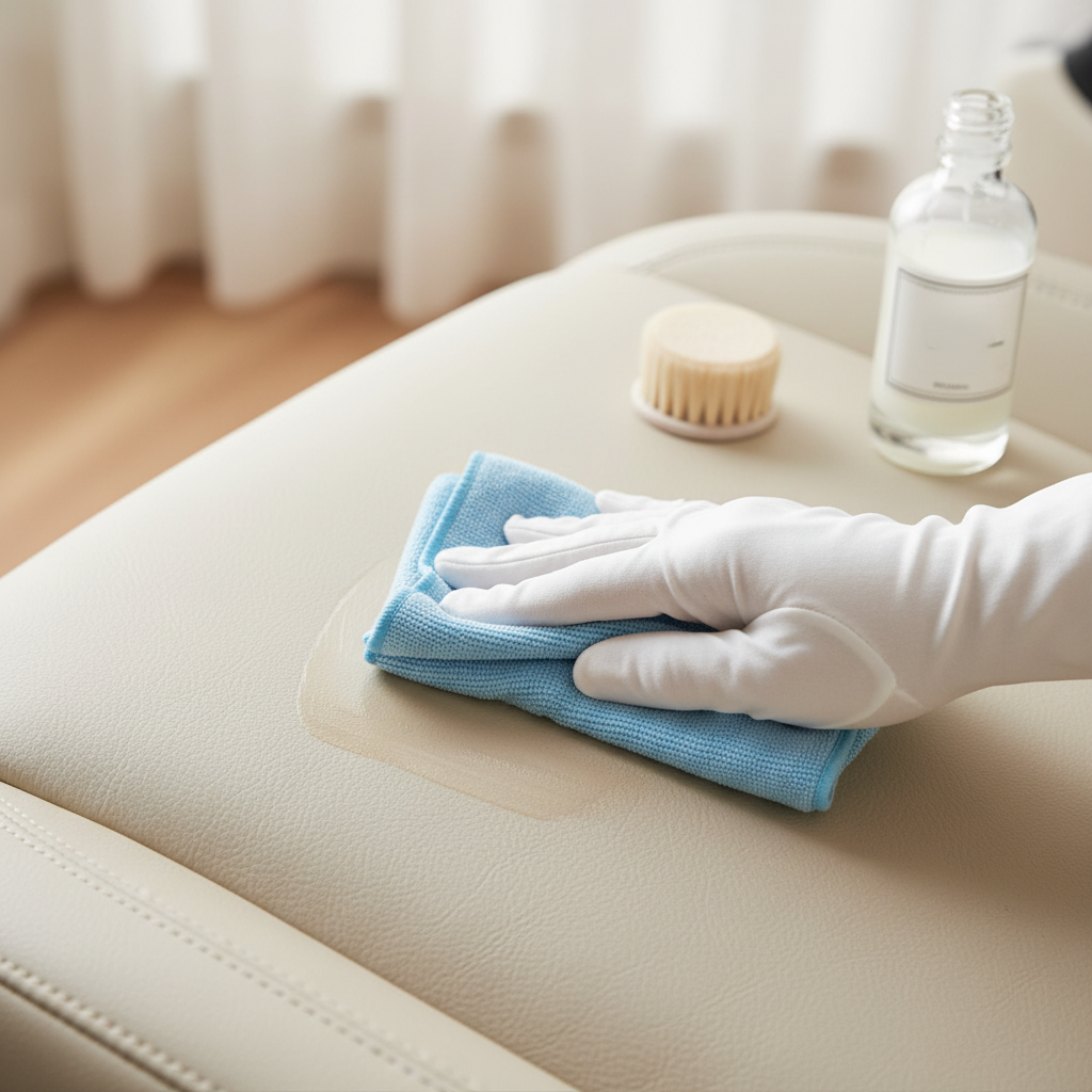 A close-up, top-down view of a luxurious, light-colored leather car seat or sofa cushion being carefully cleaned. A hand, possibly wearing a simple glove, gently wipes a small section with a soft, damp microfiber cloth, leaving a visibly cleaner, slightly glistening stripe. Next to the cleaned area, a small bottle of leather cleaner and a soft brush are subtly visible. The background is softly blurred, hinting at a vehicle interior or a modern living room, conveying an atmosphere of meticulous care and a satisfying transformation. Style: Professional photo with a clean, bright aesthetic.