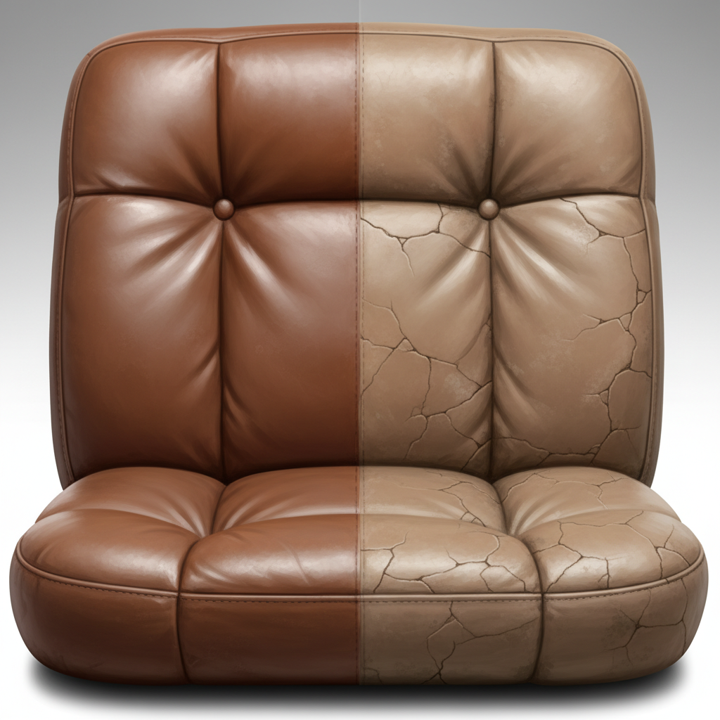 A visually striking split image depicting two halves of a luxurious leather car seat or sofa cushion. The left half showcases a perfectly maintained section, with supple, hydrated, and lustrous leather, hinting at its natural beauty and softness. The right half displays a neglected section, characterized by subtle cracks, dry patches, faded color, and a dull, worn appearance. The clear contrast visually illustrates the effects of improper care versus diligent maintenance. Style: High-quality, realistic digital painting with a focus on texture and material degradation/preservation.
