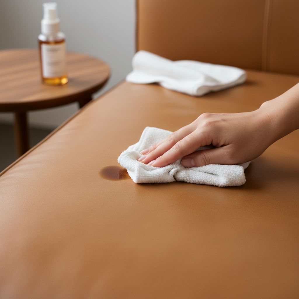 A close-up, professional photo showcasing a hand gently dabbing a small, visible stain on a luxurious, light brown leather sofa. The scene should convey a sense of careful restoration and attention to detail. On one side, the stain (perhaps a dark liquid mark) is still visible, transitioning subtly to a clean, restored area of the leather on the other side, implying the 'after' effect. Include cleaning tools like a soft white cloth and a small bottle of cleaning solution, slightly blurred in the background, emphasizing the action. The overall focus is on the pristine, clean texture of the leather.