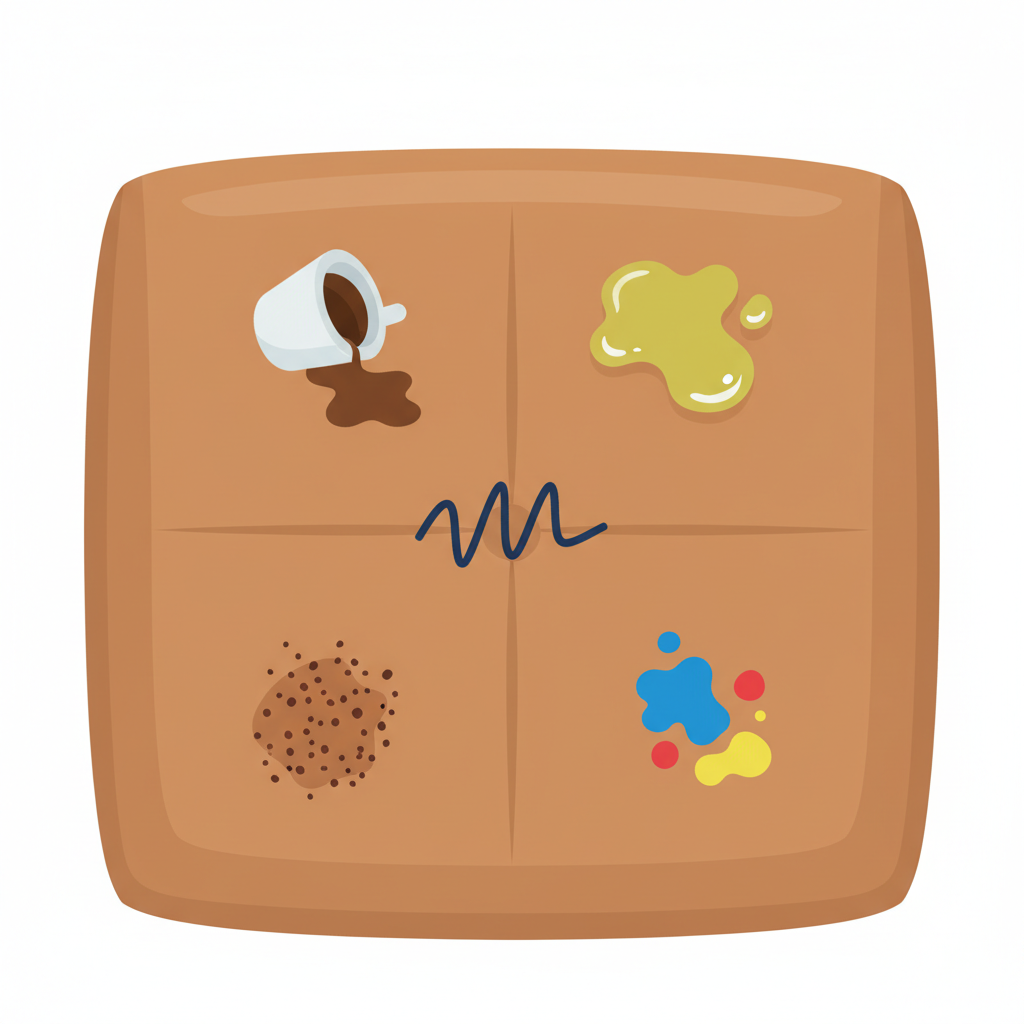 A vibrant flat illustration in a clean, infographic style, depicting a collection of common stain types on a stylized piece of light brown leather. The central visual shows a section of a leather sofa, acting as a canvas. Around or directly on it, illustrate distinct, easily recognizable symbols or simplified representations for various stains: a spilled coffee cup for liquid, a greasy, shiny blob for oil, a few dark ink lines for pen, a small patch of dried mud, and a tiny splash of paint. Each stain should be clearly distinguishable and visually separated, creating an informative visual guide for identification.