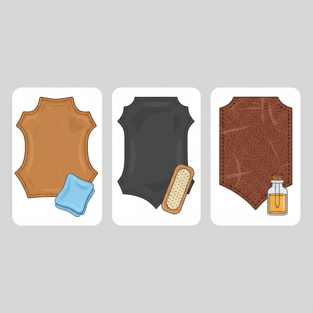 A clean, modern infographic-style illustration showcasing three distinct types of leather textures, arranged side-by-side or in a triptych. The first panel features a smooth, semi-aniline leather texture with a soft, general-purpose cleaning cloth nearby. The second panel displays a velvety, napped nubuck or suede texture with a specialized soft-bristle brush. The third panel shows a slightly textured, robust full-grain leather, perhaps with a small bottle of leather conditioner implied. The focus is on visual differentiation of textures and corresponding care tools, presented clearly and concisely.