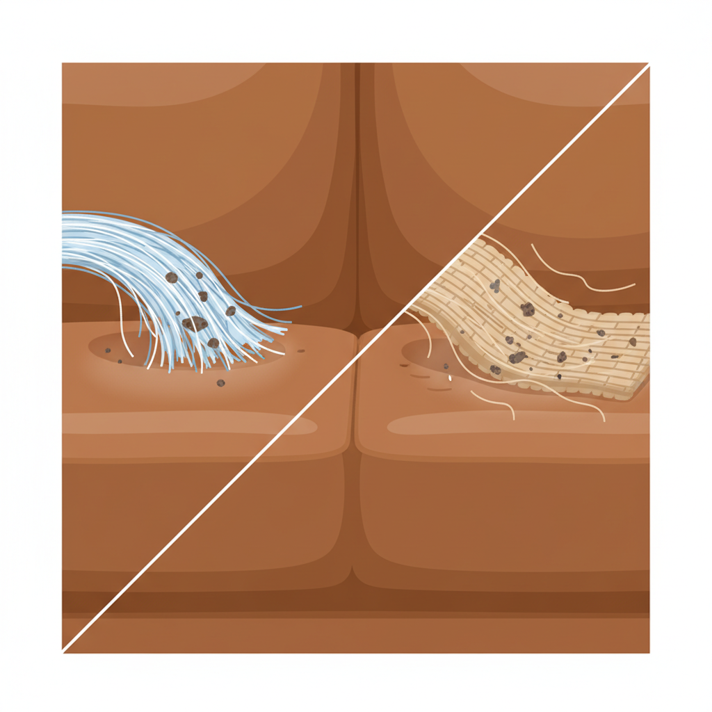 A clean, modern flat illustration demonstrating the microscopic action of cleaning. On one side, a detailed, magnified cross-section shows ultra-fine, soft microfiber strands gently lifting and trapping tiny dirt particles from the smooth surface of a brown leather sofa, leaving it pristine and gleaming. On the other side, a coarser, less suitable fabric is depicted dragging across the leather, visually disturbing the surface texture and leaving behind small, visible fibers, strongly contrasting with the perfectly clean and smooth area achieved by the microfiber.