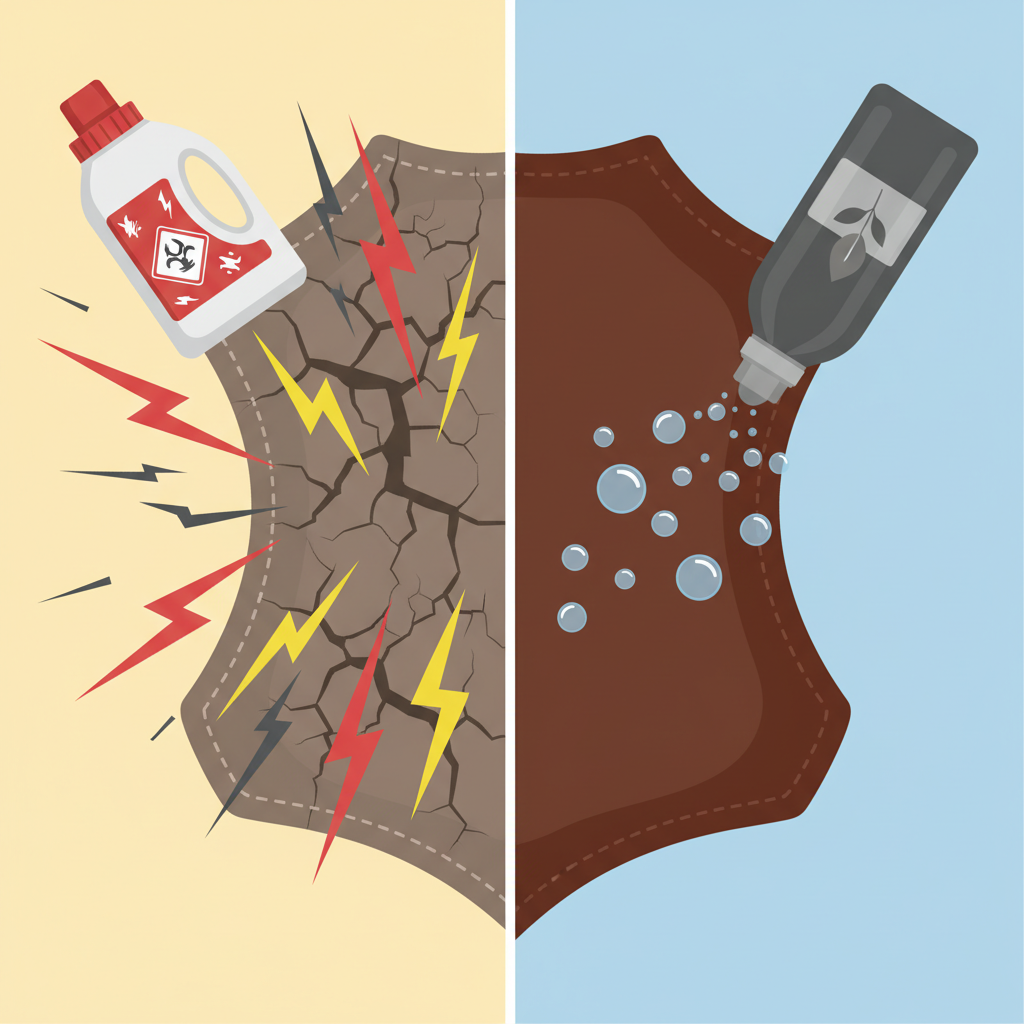 A detailed flat illustration depicting a side-by-side comparison. On the left, a cracked, dry, and discolored piece of leather is shown, with abstract representations of harsh, damaging elements like aggressive chemical symbols or sharp lines emanating from a generic laundry detergent bottle. On the right, a supple, rich-colored, and smooth piece of leather is depicted, with gentle, soft bubbles or nurturing water droplets surrounding it, originating from a modern, elegant bottle of specialized leather detergent. The overall aesthetic should be clean, informative, and visually distinguish between damaging and gentle care for leather.