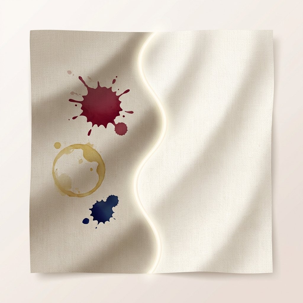A beautifully textured linen fabric, half of it visibly marred by various common stains such as a splash of red wine, a greasy spot, and a small ink spill. The other half of the linen is pristine, bright, and perfectly clean, symbolizing the successful removal of these stains. The division between the soiled and clean sections should suggest a gentle, almost transformative process. The overall style should be a bright, clean, and inviting flat illustration with soft shadows, highlighting the natural elegance of the linen material.