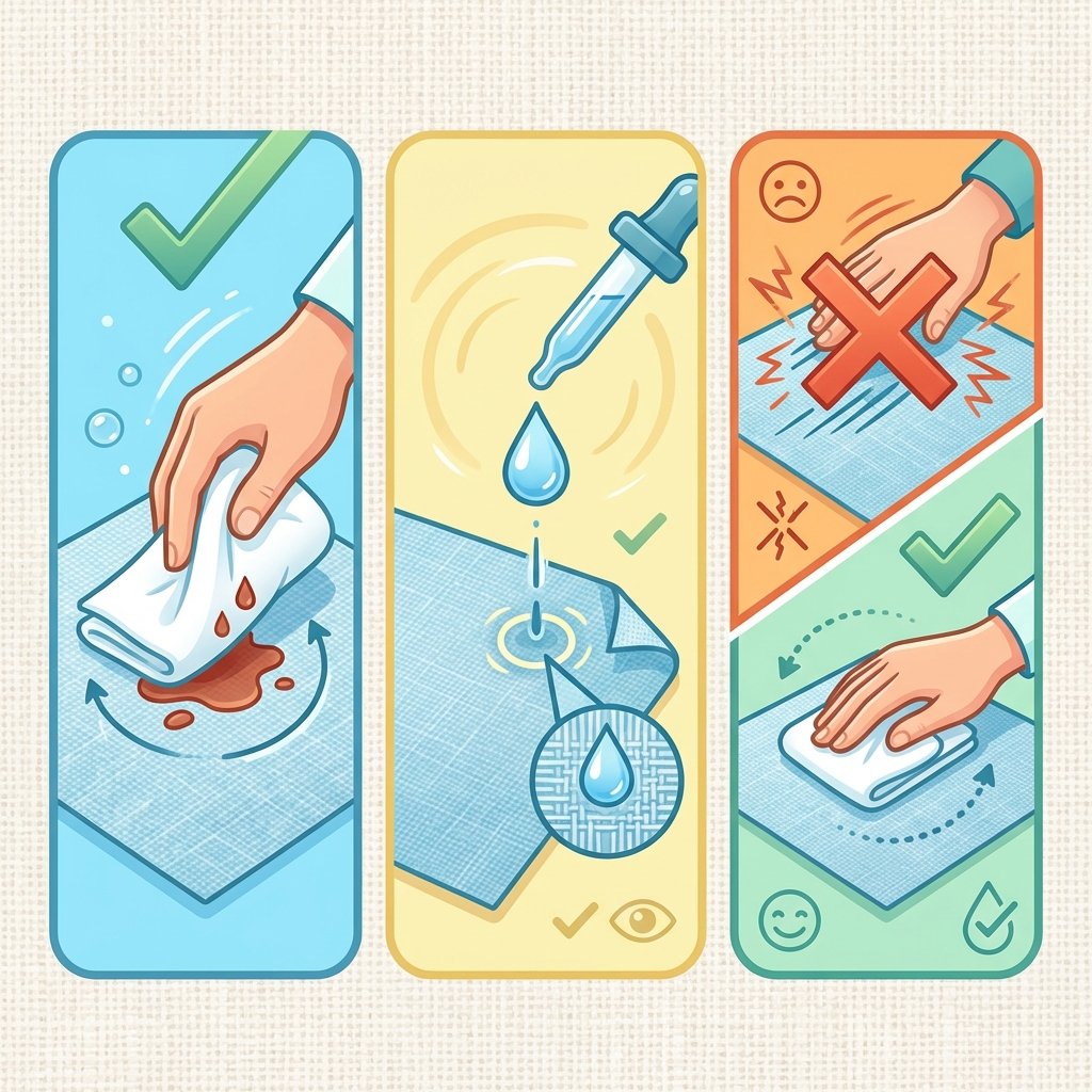 A vibrant, infographic-style illustration depicting three crucial actions for effective linen stain removal. On the left, a close-up of a hand gently and quickly blotting a fresh, small stain on linen with a clean, white cloth. In the center, a water droplet carefully applied to a hidden corner of the linen fabric, symbolizing a test spot. On the right, two contrasting actions: a large 'X' overlaid on a vigorous rubbing motion on the fabric, beside it a hand gently dabbing the linen. The background subtly features a linen texture. Use a clean, modern vector art style with bright, friendly colors.