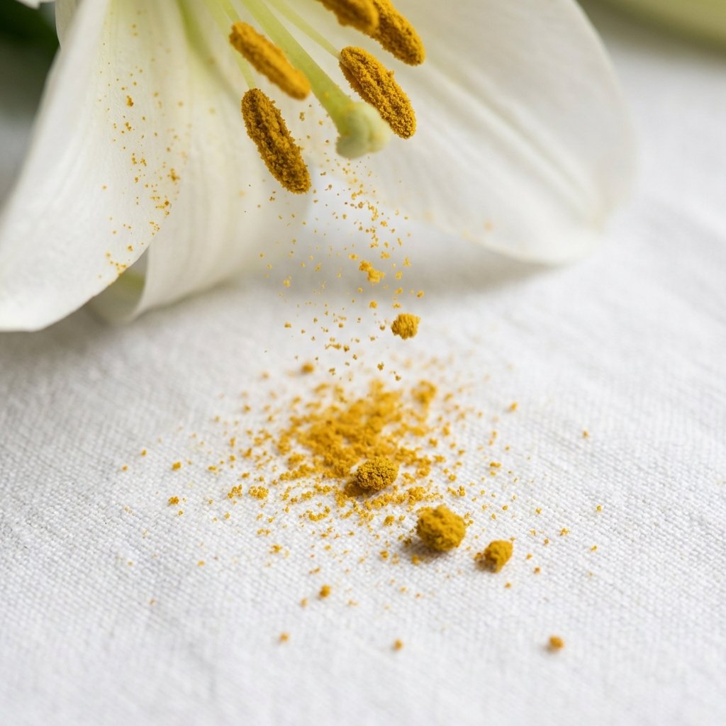 A close-up, high-detail professional photograph showing the vibrant yellow pollen from a beautiful white lily gently falling onto a pristine, white fabric surface, such as a crisp white shirt or tablecloth. The pollen grains are clearly visible, contrasting sharply with the immaculate white material, subtly indicating the potential for a fresh stain. The focus is on the delicate interaction of pollen and fabric, without any smudging or rubbing, emphasizing the initial stage of a lily stain.