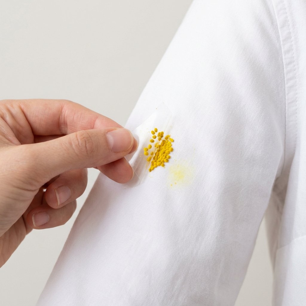 A clean, instructional flat illustration or professional photo demonstrating the immediate removal of fresh lily pollen from white fabric. A section of pristine white fabric, perhaps a sleeve or shirt front, has a concentrated cluster of vibrant yellow lily pollen. A hand is gently pressing a piece of clear adhesive tape onto the pollen, with some pollen already adhering to the tape, clearly showing the lifting action. The background is simple and uncluttered, emphasizing the technique of carefully dabbing without rubbing, illustrating the 'don't rub' principle.