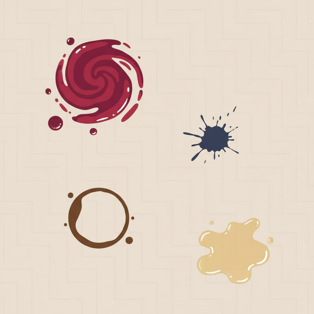 A close-up, top-down view of a light-colored linoleum floor, showcasing several distinct, fresh stains. Clearly visible are a vibrant red wine spill, a dark coffee ring, a small smudged ink mark, and a translucent greasy spot. The stains contrast sharply with the clean floor, immediately conveying a common household problem. The scene should feel relatable and highlight the variety of challenges. The style should be a clean and modern flat illustration, emphasizing clear shapes and distinct colors for each stain type against a subtly textured linoleum surface.