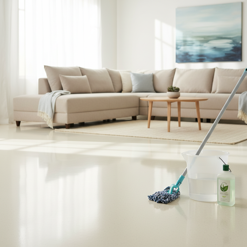 A professional lifestyle photo of a sunlit, contemporary living space featuring a brilliantly clean and glossy linoleum floor. The floor reflects soft natural light, showcasing its pristine, well-maintained surface. In a corner, a minimalist arrangement includes a clean bucket with a small amount of water, a gentle, light-colored microfiber mop, and an unbranded bottle of an eco-friendly cleaning solution. The overall impression is one of freshness, cleanliness, and subtle elegance, highlighting the desired outcome of proper linoleum care.