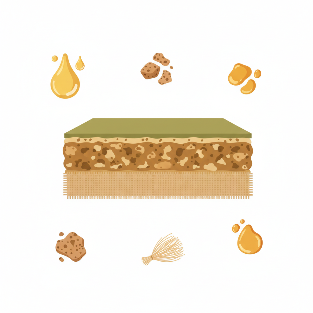 A detailed flat illustration in an infographic style, showcasing the natural composition of linoleum. The central element is a cross-section of a linoleum floor, subtly revealing its layered structure, including a visible jute backing. Surrounding this cross-section are stylized, abstract representations of the key raw materials: drops of golden oil, scattered cork granules, fine wood fibers, and smooth resin shapes. The illustration uses an earthy, natural color palette, emphasizing the organic origins of the flooring material.