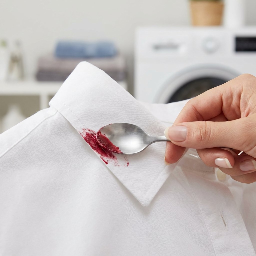 A close-up, professional product photo of a vibrant red lipstick stain on a pristine white fabric, like a shirt collar or sleeve. A hand, with clean fingernails, is carefully using the blunt edge of a credit card or a small, smooth spoon to gently lift and scrape off the excess lipstick from the outer edge of the stain, working towards the center. The focus is on the delicate action, emphasizing precision and the contrast between the vivid red stain and the white fabric. The background is softly blurred, hinting at a laundry or cleaning environment.