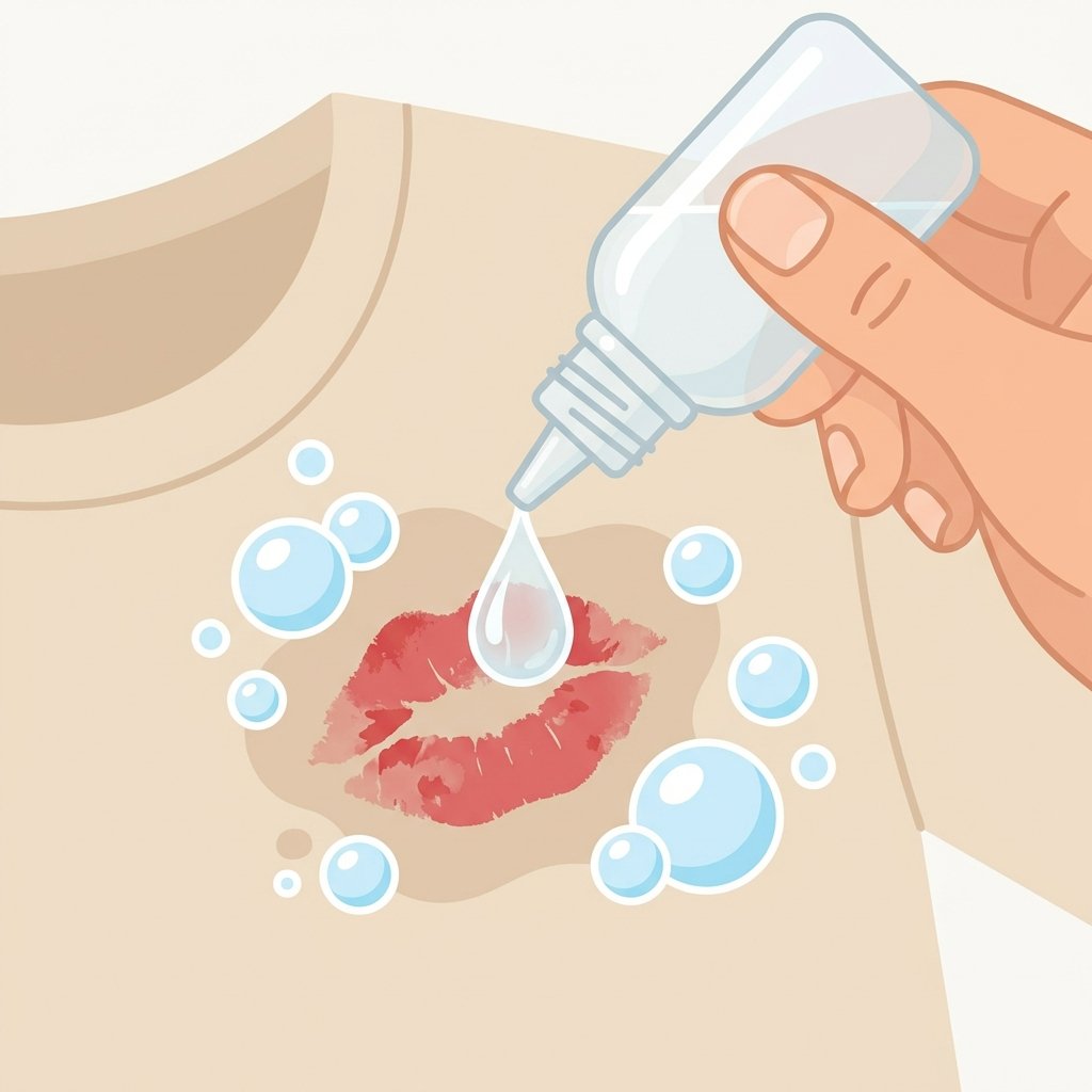 A bright, clean flat illustration showing the effective application of a cleaning agent to a lipstick stain. A close-up view of a light-colored fabric (e.g., cotton t-shirt) displaying a stubborn, slightly faded red lipstick stain. A hand is gently squeezing a clear bottle, releasing a single, viscous drop of transparent dish soap directly onto the center of the stain. The area around the stain is slightly damp, and subtle, stylized bubbles emanate from where the soap meets the fabric, indicating it's starting to work. The overall impression is one of gentle, effective cleaning.
