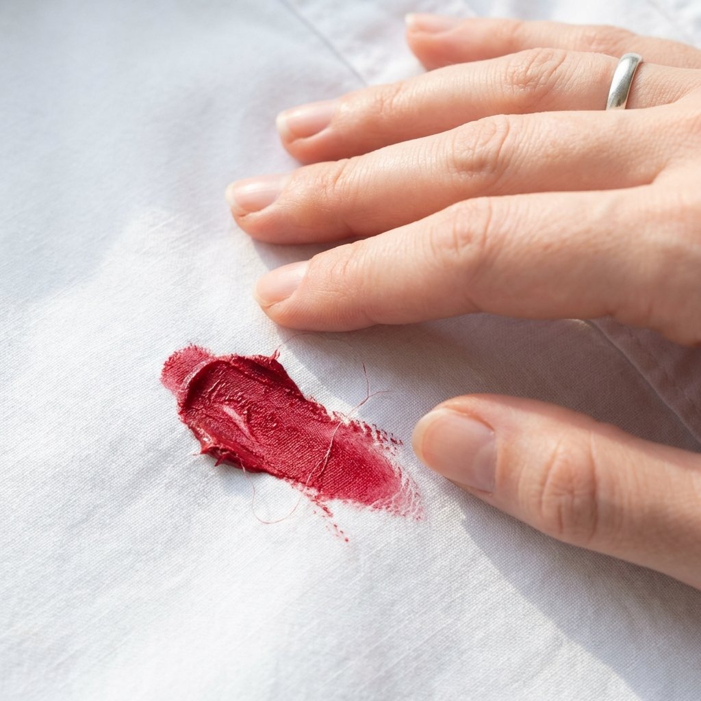 A professional, high-resolution macro photograph capturing a vibrant red lipstick stain on a clean, light-colored fabric, possibly a white cotton shirt. The focus should be on the texture of the fabric and the rich, waxy consistency of the stain, showing how it adheres to the fibers. A soft, clean hand, with fingers slightly parted, hovers just above the stain, subtly conveying the moment of discovery or hesitant first approach to the problem. The lighting should be bright and natural, emphasizing the stark contrast between the stain and the pristine fabric.