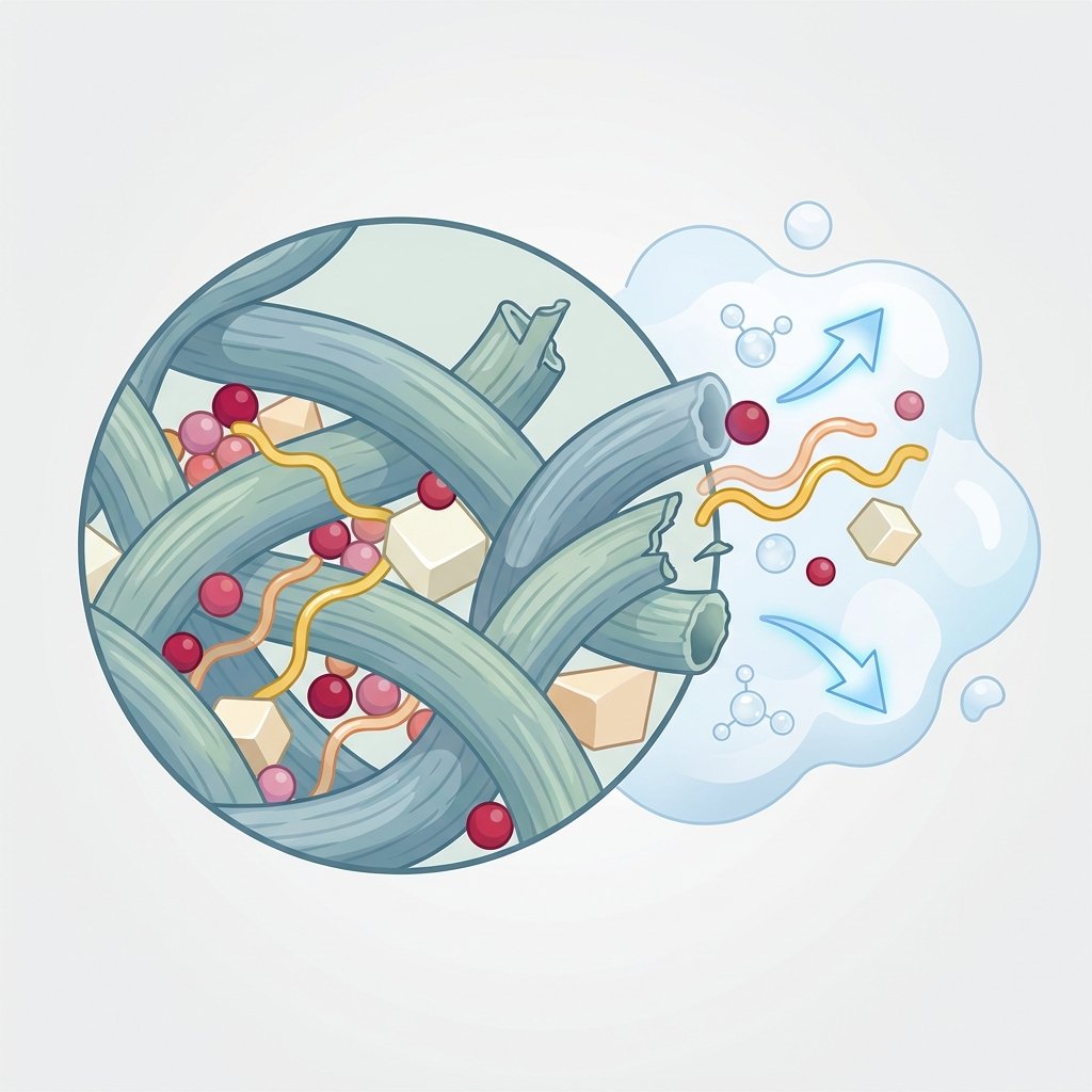 A stylized infographic-style illustration depicting a magnified cross-section of fabric fibers. Within the fibers, abstract representations of lipstick components (e.g., small, colored spheres for pigments, wavy lines for oils, and solid blocks for waxes) are shown deeply embedded and interwoven. Adjacent to this, a gentle cleaning action is implied, perhaps with a visual metaphor of molecules lifting away or a gentle dabbing motion represented by a soft, abstract shape, demonstrating how the components might be removed without rubbing. The color palette should be clean and informative, using distinct colors for different components.
