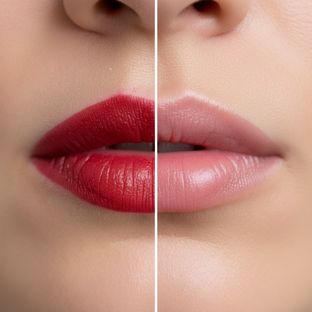 A side-by-side comparison of two pairs of lips. On the left, a pair of vibrant red lips with a slight smudge or visible residue, appearing slightly dry or chapped. On the right, the same lips appear clean, plump, hydrated, and a natural soft pink, radiating health and smoothness. The overall aesthetic should be clean, bright, and visually appealing. Use a professional, high-resolution photo style with soft, natural lighting, emphasizing the clear contrast between neglected lips with lipstick residue and well-cared-for, clean lips.