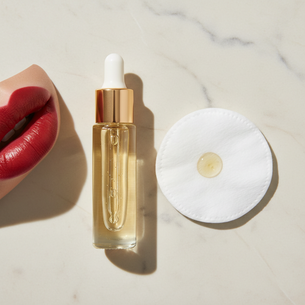 An overhead shot (flat lay) featuring essential items for lipstick removal. In the center, a small, elegant bottle of oil-based makeup remover is positioned next to a soft, clean white cotton pad. On the cotton pad, a tiny droplet of the remover is visible. Nearby, a pair of gently parted lips with a rich, long-lasting matte red lipstick applied suggests the 'before' state. The background is a clean, minimalist surface, perhaps a light-colored countertop, with soft, diffused natural light. The style should be a bright, clean, product-focused photograph, highlighting the tools for effective and gentle lipstick removal.