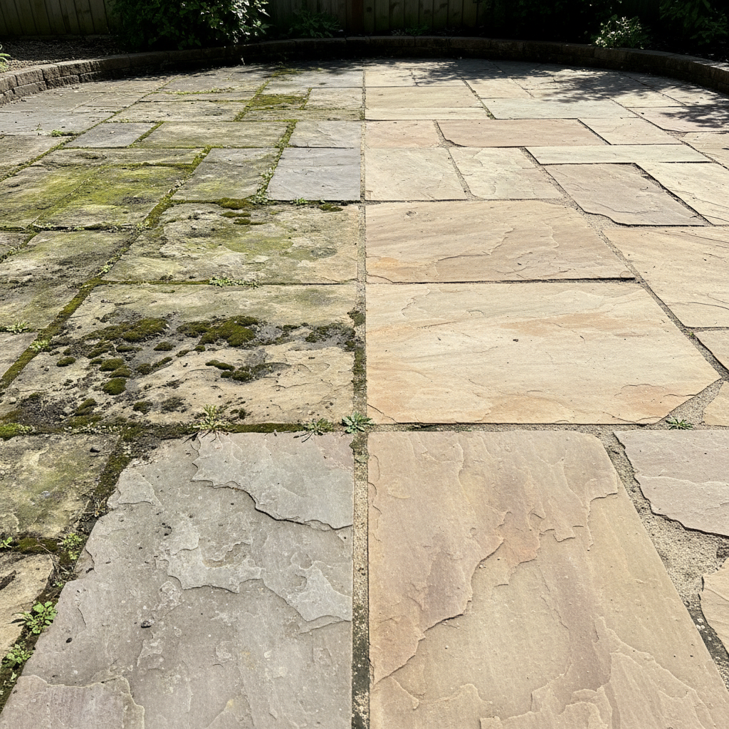 A stunning professional photo of a split outdoor scene. On the left side, a section of a stone patio is visibly covered with green algae, dark moss patches, and general dirt, appearing dull and neglected. On the right side, the exact same section of the patio is sparkling clean, showcasing its natural stone color and texture, entirely free of any organic growth or stains. The lighting is bright and natural, highlighting the stark contrast and effective cleaning. The image conveys renewal and a high-quality finish.