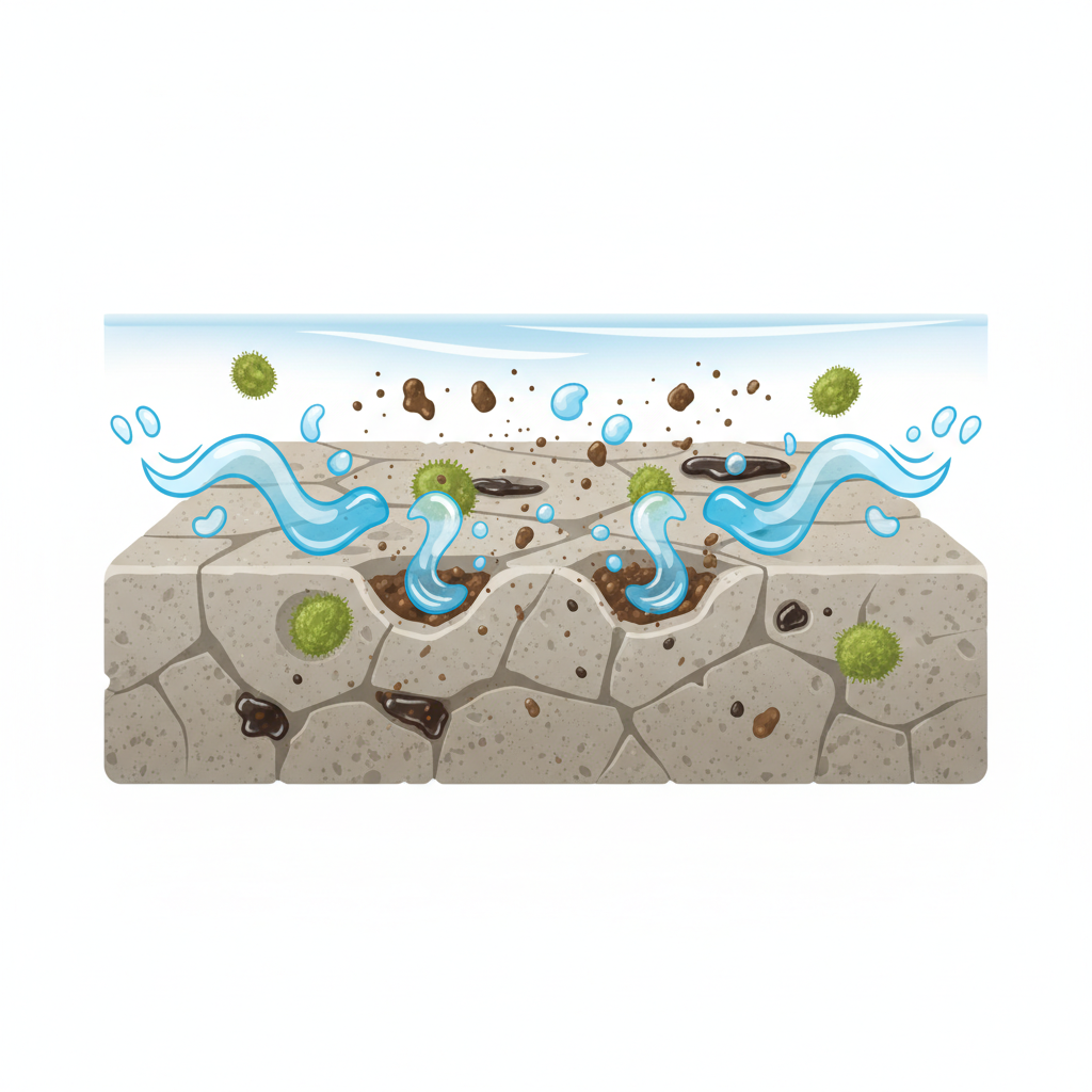A detailed infographic-style illustration depicting a microscopic cross-section of a textured outdoor surface, such as a concrete paver. The surface material is shown with numerous tiny pores and crevices. Embedded within these pores and resting on the surface are various forms of grime: green algae-like particles, brown dirt specks, and dark oily residues. Abstract representations of cleaning agents (e.g., small, active molecular shapes or waves) are shown penetrating the surface, surrounding the dirt, and actively lifting it away from the material. The top layer shows a clear separation of dirt from the clean surface, ready to be rinsed.