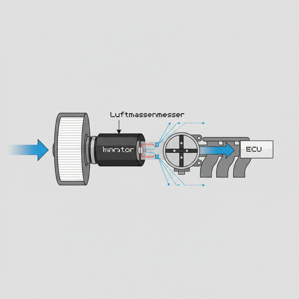 A clear, professional cutaway diagram of a car engine's air intake system. Show the path of air entering, passing through a clean air filter, then through the Luftmassenmesser (MAF sensor) situated before the throttle body. The MAF sensor's internal elements should be visible and appear pristine, with a subtle visual representation of a signal or data flow emanating from it towards a simplified engine control unit (ECU). The overall composition should be clean, highlighting the sensor's crucial role and position. Style: Technical flat illustration with a modern, informative feel.