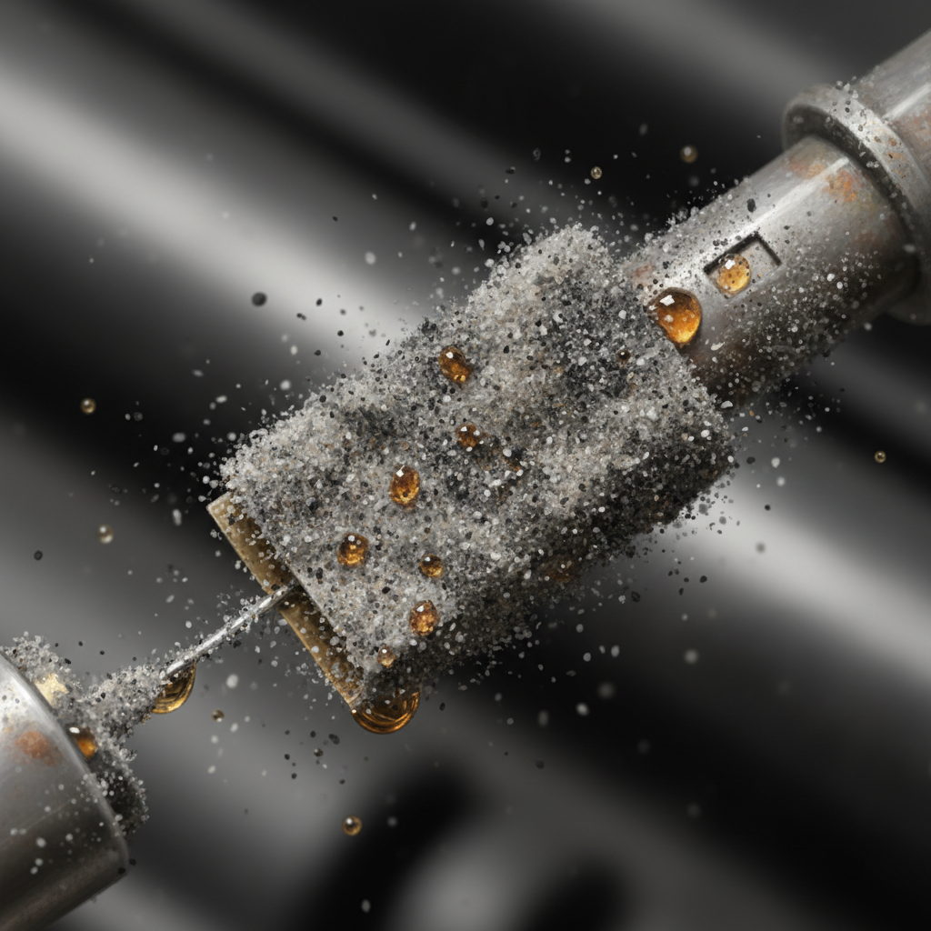 A detailed, macro-level close-up of a visibly dirty Luftmassenmesser (MAF sensor) sensing element. The delicate wire or film should be encrusted with a mixture of fine grey dust, dark soot particles, and tiny, amber-colored oil droplets, clearly showing the accumulation of contaminants. The texture of the grime should be tangible, conveying inefficiency. Surrounding the sensor, subtly illustrate the source particles floating nearby, reinforcing the causes of contamination. Style: Realistic digital painting with high detail, emphasizing texture and light reflection.