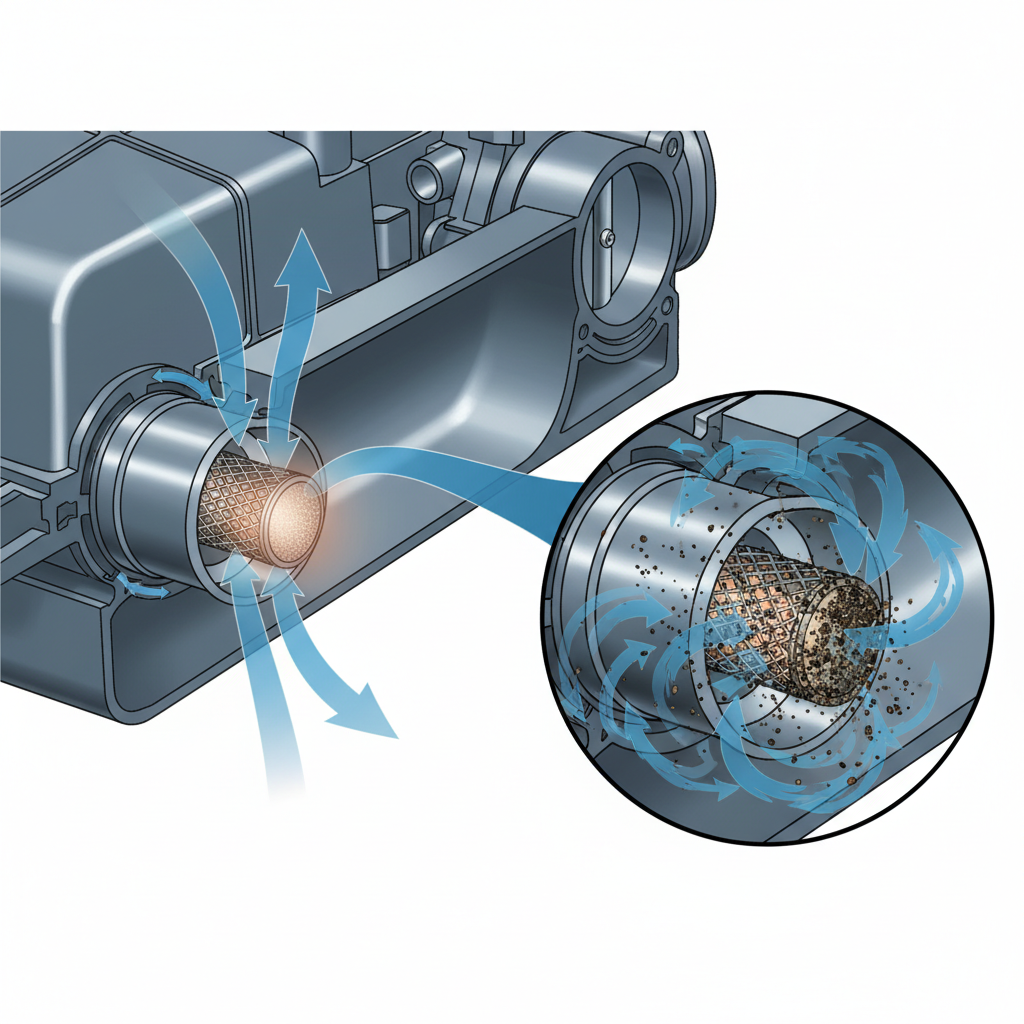 A detailed cutaway diagram of a car's engine air intake system, highlighting a clean, functional Luftmassenmesser (LMM). Show air flowing smoothly through the intake and over the LMM's sensor element, which glows faintly to indicate heat. A separate, close-up inset image depicts a dirty LMM sensor, covered in visible grime and particles, with disrupted, turbulent airflow around it, implying obstructed function. The overall style should be a precise, technical cross-section illustration with a slight modern, clean aesthetic, emphasizing clarity and component interaction.